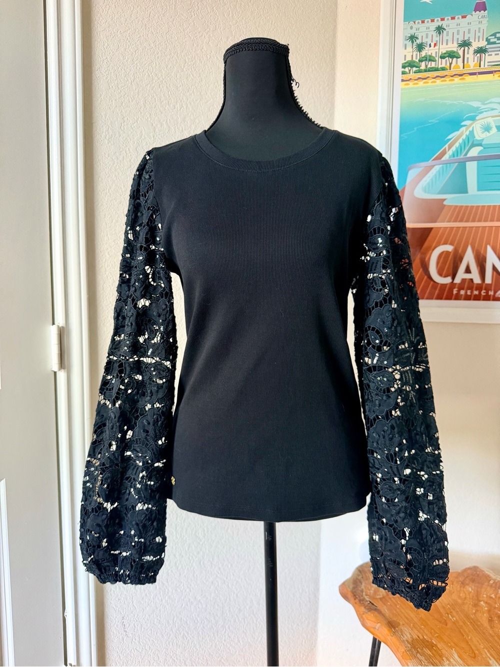Lilly Pulitzer Black Lace Balloon-Sleeve Sweater